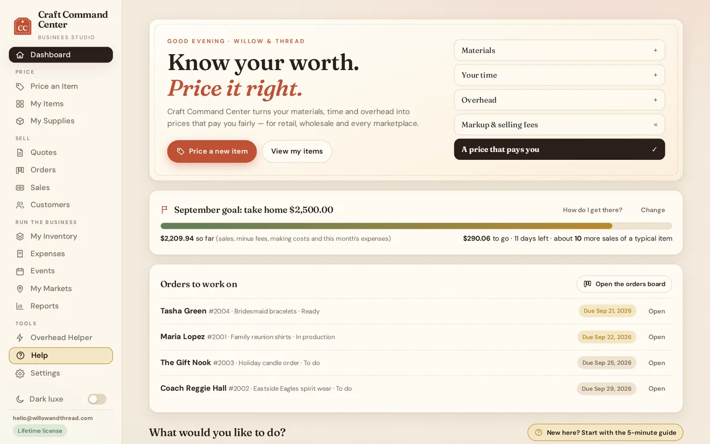The Craft Command Center dashboard showing a monthly goal, orders to work on and quick buttons for everyday jobs