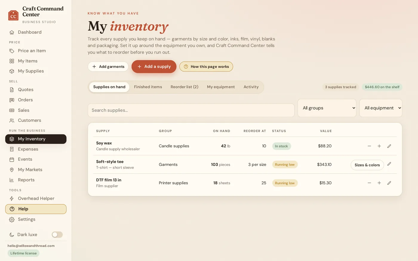 The inventory page listing supplies on hand with low-stock warnings