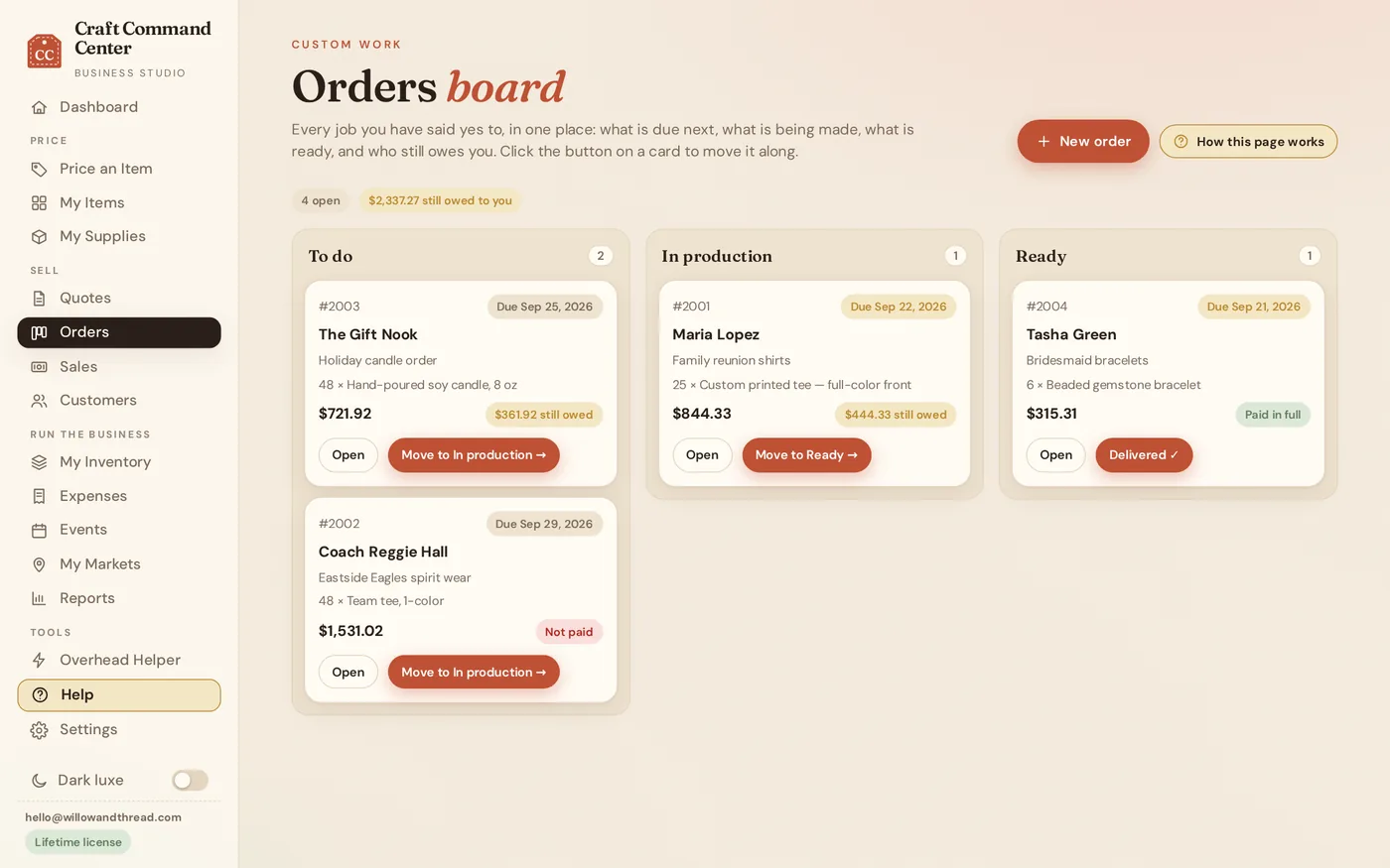 The orders board with cards for four customer orders, their due dates and what is still owed