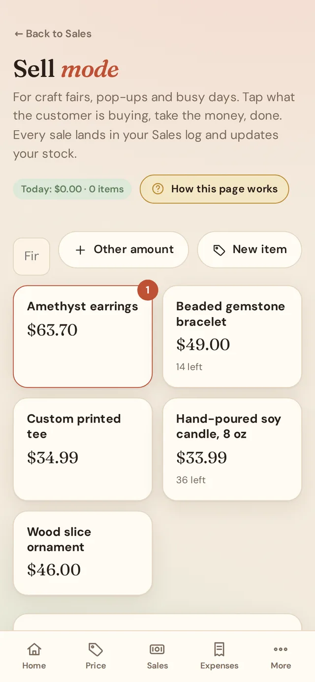 Sell mode on a phone with big tap-to-sell buttons