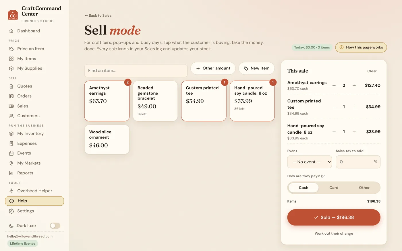 Sell mode with item buttons on the left and the current sale with total on the right